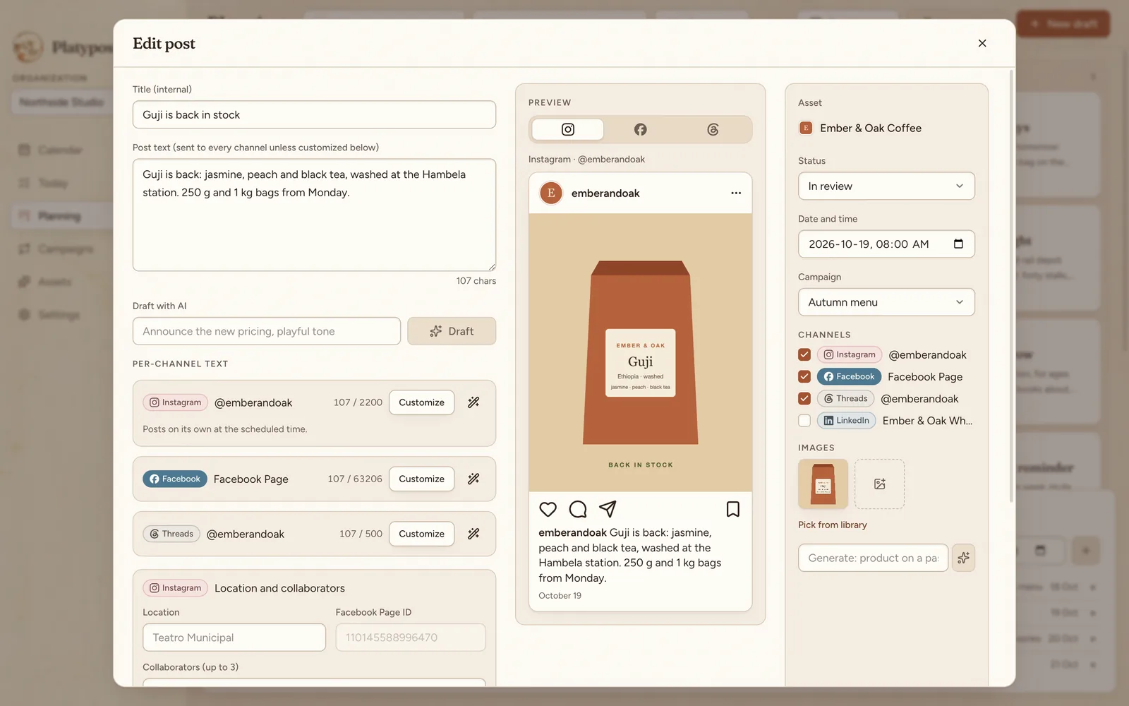 The post editor: the text, its version for each channel with a character count, and an Instagram preview