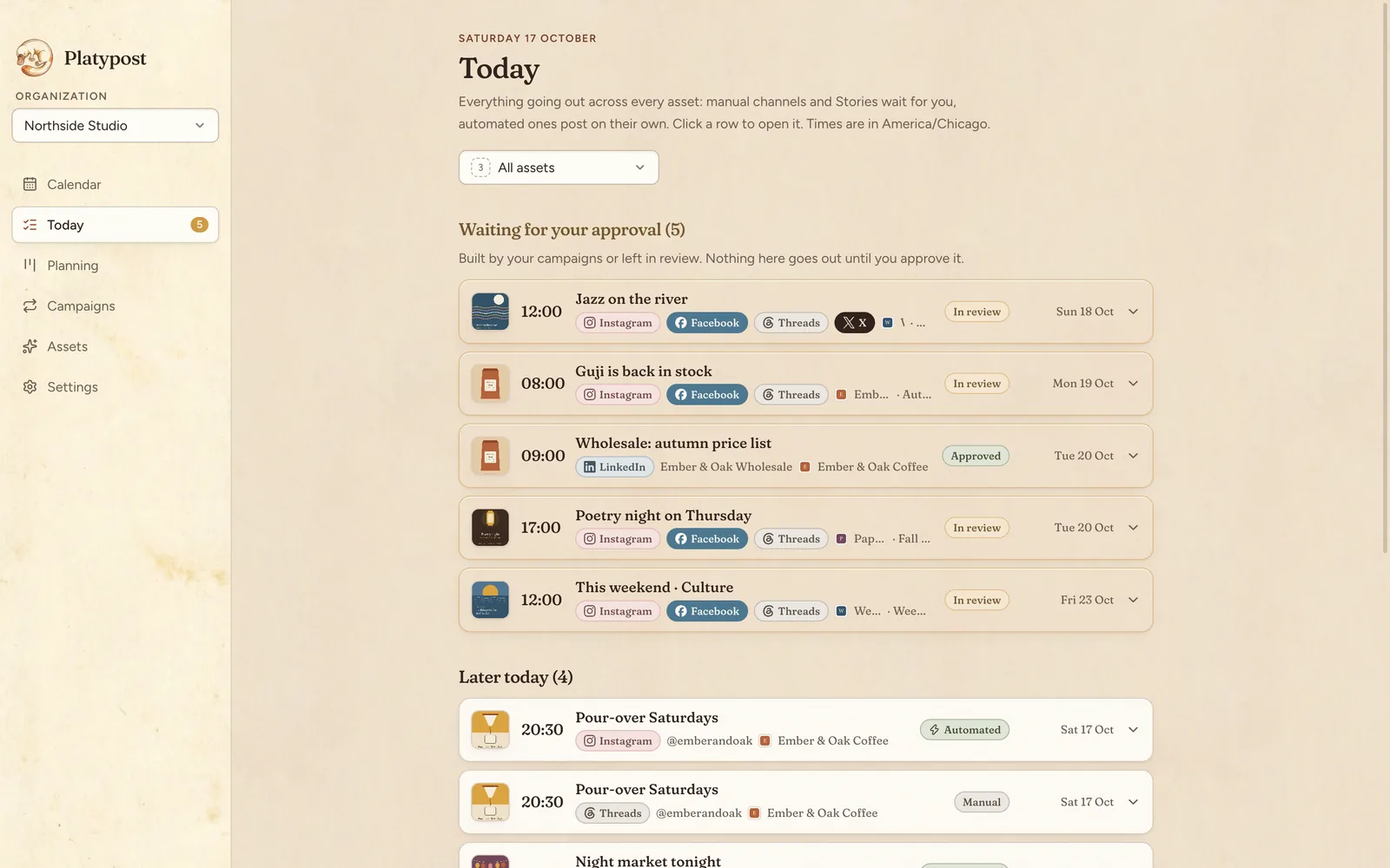 The Today page: posts waiting for approval and what goes out today, each with its time and channels